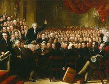 Oil painting of William Smeal addressing the Anti-Slavery Society at their annual convention, Benjamin Robert Haydon